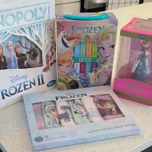 DISNEY FROZEN Kids Socks, Monopoly, Anna Figurine, And 12 Board Books Bundle
